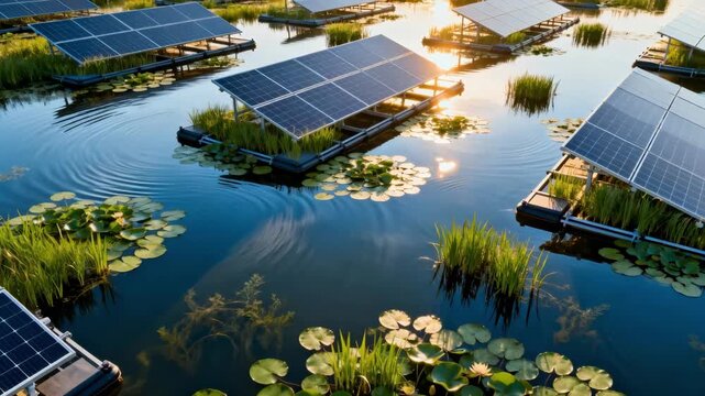 Dynamic medium shot of expansive floating solar arrays integrated with aquatic vegetation emphasizing ecofriendly renewable energy development on water bodies.
