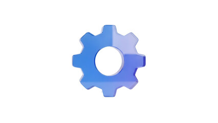 Frosted blue purple glassmorphism settings gear icon floating isolated on a clean white background for modern app UI design with soft light reflections.