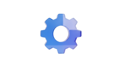 Frosted blue purple glassmorphism settings gear icon floating isolated on a clean white background for modern app UI design with soft light reflections.