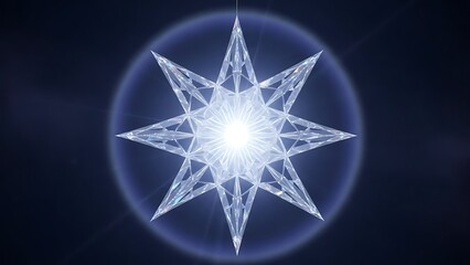 Abstract 3D illustration of a glowing geometric crystal star with eight points. Radiant blue light and lens flare effect on a dark cosmic background. Ethereal and spiritual concept art.