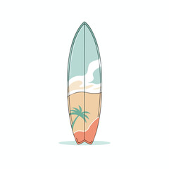 Fototapeta premium Illustration of a surfboard featuring a beach scene with a palm tree