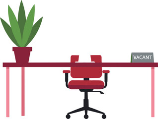 Minimalist vector illustration of a vacant office workstation with a red desk, ergonomic chair, and green potted plant