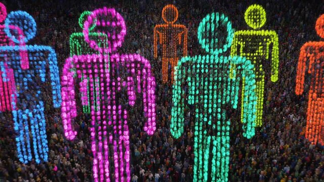 Neon Digital Human Figures: Binary Code Glowing Diversity Cyber Crowd Concept