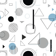 Abstract geometric shapes in black, grey, and blue on a white background