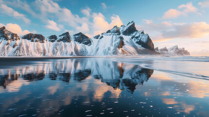 Majestic coastal landscape with black sand beach and stunning reflections during sunset
