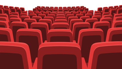 Naklejka premium Rows of empty red theater seats stretch into the distance, suggesting anticipation for a performance or event.