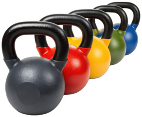 Vibrant, colorful, and robust cast iron kettlebells with a matte black handle, arranged in a row showcasing a spectrum of fitness equipment, positioned against a, isolated on transparent background.