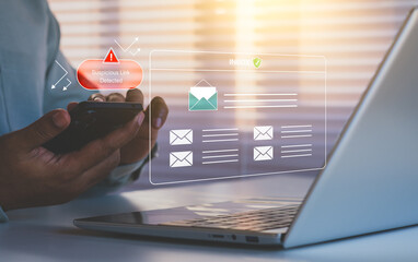 Suspicious Email Link Detected, Cybersecurity Warning, digital warning interface, phishing email and a suspicious link detection alert. Concept for cybersecurity, email threats, phishing prevention