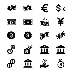 Financial icons collection featuring money, banking, investment, and diverse currencies like dollar, euro, and yen symbols for business and economic design projects