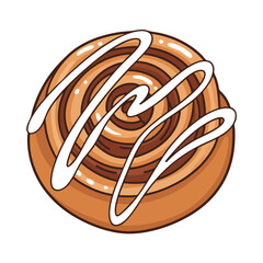 A spiraled, cartoon cinnamon roll with white icing, over a white background
