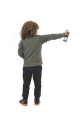 back view of a child painting with spray paint on white background