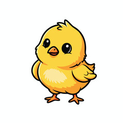 A charming, cartoon-like yellow chick with big eyes, standing, on a white background