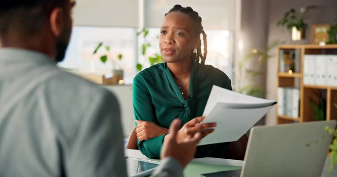Financial advisor, client or discussion with paperwork in office, investment expectation or trading budget. Tech, economy breakdown or people talk for new account application, process info or details