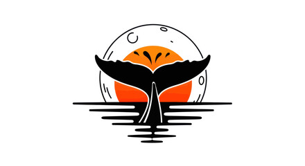 Stylized illustration of whale tail sunset and ocean waves © Andre