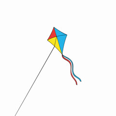 A colorful kite with red, yellow, and blue panels flies with a white background