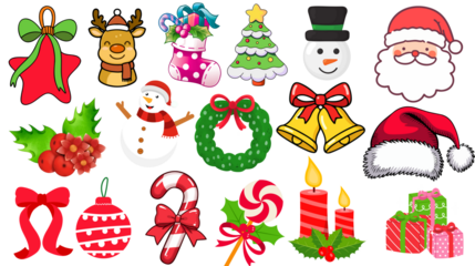 Christmas Icon Set Festive Holiday Symbols PNG Collection Isolated on Transparent Background