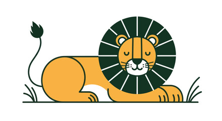 Stylized lion illustration relaxing with green mane and tail on white © Andre