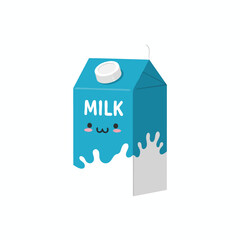 A carton of milk with a smiling face, milk spilling out