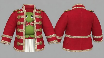 Digital rendering of a red toy soldier-style jacket, front and back views, with a green frog