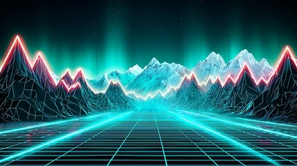 Digital synthwave landscape. Retro-futuristic mountains with grid floor, auroras and neon light