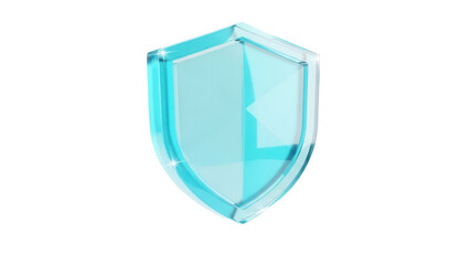 Frosted cyan frosted glassmorphism security shield icon floating isolated on a clean white background for modern app UI design with soft light reflections.