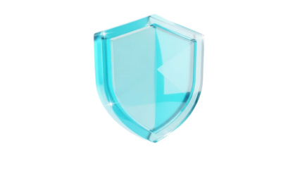 Frosted cyan frosted glassmorphism security shield icon floating isolated on a clean white background for modern app UI design with soft light reflections.