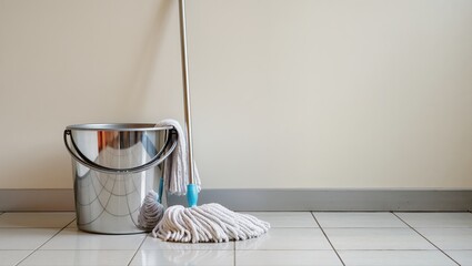 Cleaning tools set up in a bright room