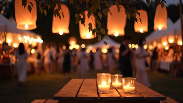 Serene evening outdoor lantern festival with illuminated candles and festive