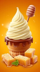 Digitally created illustration of a swirl soft serve ice cream cone and caramel