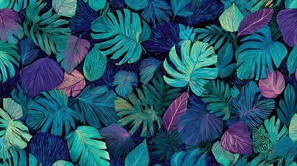 Digitally created illustration of various stylized tropical leaves in shades of teal, purple, and dark blue