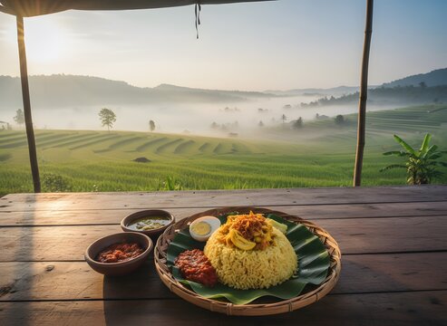 Authentic Solo Nasi Liwet Coconut Milk Rice with Shredded Chicken and Sambal, Set on a Wooden Table with Misty Rice Paddies
