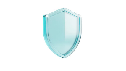 Frosted cyan frosted glassmorphism security shield icon floating isolated on a clean white background for modern app UI design with soft light reflections.