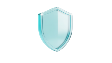 Frosted cyan frosted glassmorphism security shield icon floating isolated on a clean white background for modern app UI design with soft light reflections.