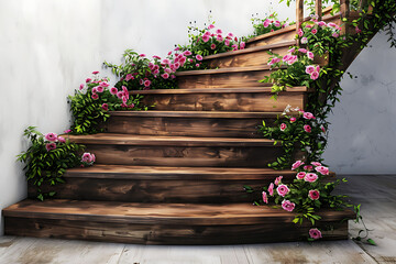 Wooden Staircase Decorated with Flowers in Natural Garden Setting