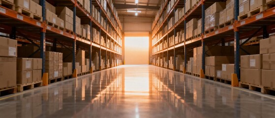 Fototapeta premium Warehouse aisle with stacked boxes