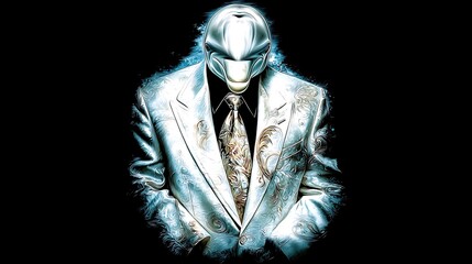 Digitally enhanced portrayal of a sharply dressed figure in white suit and chrome mask against black