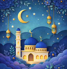 Ramadan Night Illustration with Mosque, Moon, and Hanging Lanterns
