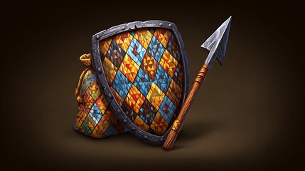 Digitally painted medieval-style illustrated tools a shield, spear, and a pouch with a colorful pattern