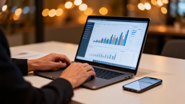 Person working on laptop with data charts