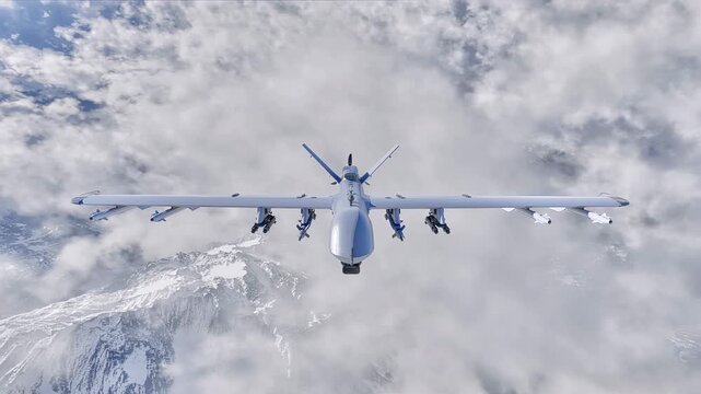An autonomous, missile-armed military drone flies overhead, scanning the ground below for enemy targets to strike.
