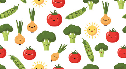 Seamless pattern with adorable cartoon vegetables including broccoli, tomatoes, peas, onions, and happy sun characters on a white background.