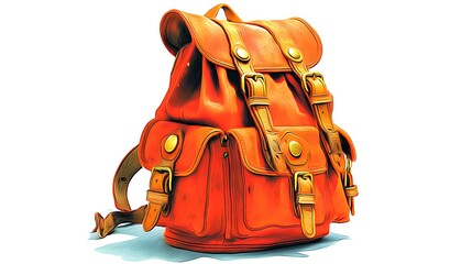 Digitally rendered orange leather backpack, detailed with straps, buckles, and pockets