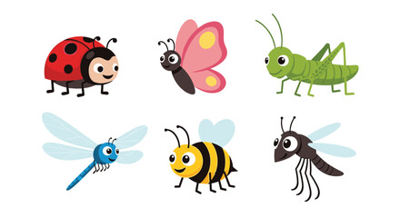 Collection of six colorful cartoon insect characters including a ladybug, butterfly, and a bee, perfect for educational children's art.