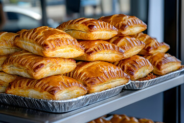 Delicious savory meat pie, golden baked pastry from New Zealand food truck. Appetizing fresh snack for sale at market
