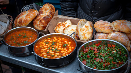 Warm bowls of Moroccan food at stall. Hearty harira soup, chickpea stew, and fresh bread create an appetizing meal