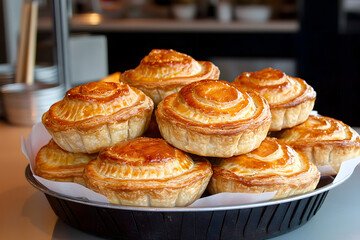 Delicious golden New Zealand savory meat pie pastry snack. An appetizing and comforting homemade dish stacked for serving