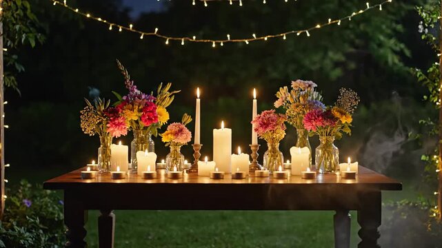 Elegant outdoor evening setup with floral arrangements candles and string