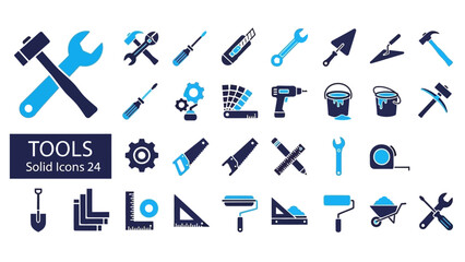 Comprehensive collection of solid sleek construction, repair, and DIY tools icons, perfect for representing craftsmanship, industrial work, and home improvement projects in modern graphic designs © HUANG