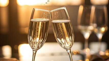Two champagne flutes clinking together with bubbles in a warm lit room sparkling