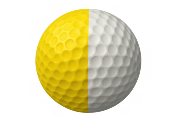 Golf ball divided in half with yellow and white colors creating contrasting sections, transparent background